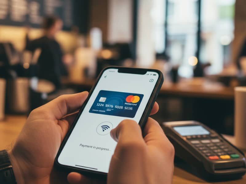 فردی در حال استفاده از کیف پول دیجیتال روی موبایل در کنار دستگاه کارتخوان برای پرداخت سریع