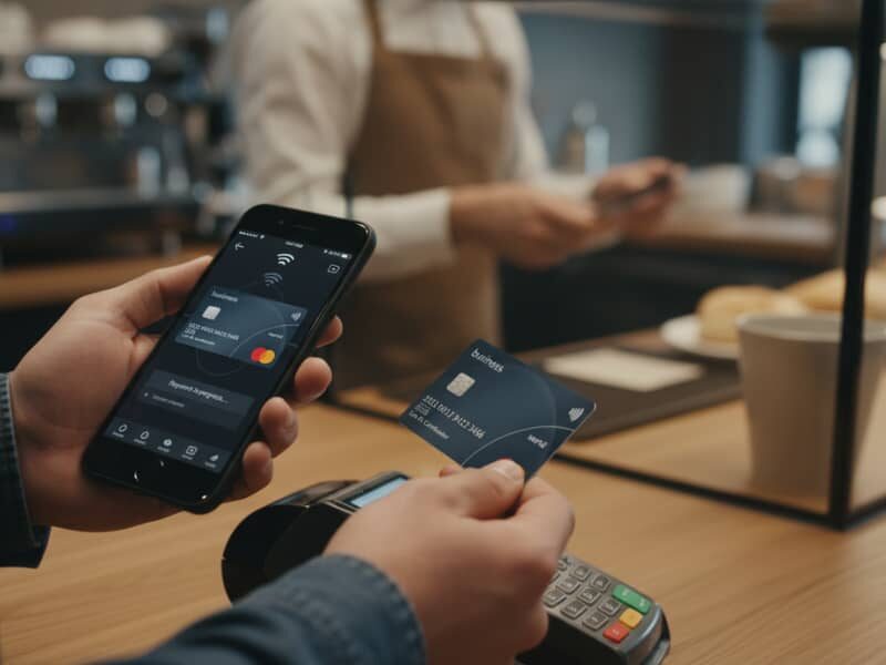 فردی با موبایل و مستر کارت فیزیکی در دست